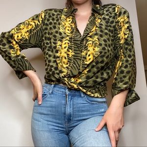 vintage 80s animal print leopard green blouse